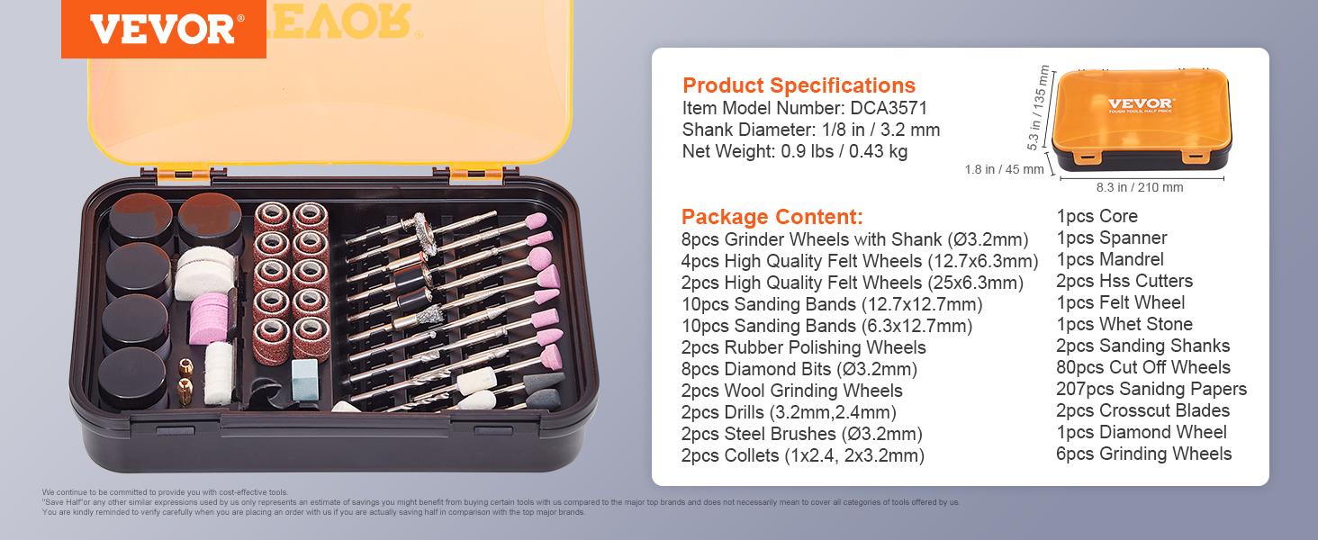 VEVOR Rotary Tool Accessory Kit, 357PCS Accessories Kit, 1/8" Diameter Shank, Universal Fitment Power Rotary Tool Accessories Set for Grinding, Carving, Sanding, Cutting, Drilling VEVOR Rotary Tool Accessory Kit, 357PCS Accessories Kit, 1/8" Diameter Shank, Universal Fitment Power Rotary Tool Accessories Set for Grinding, Carving, Sanding, Cutting, Drilling