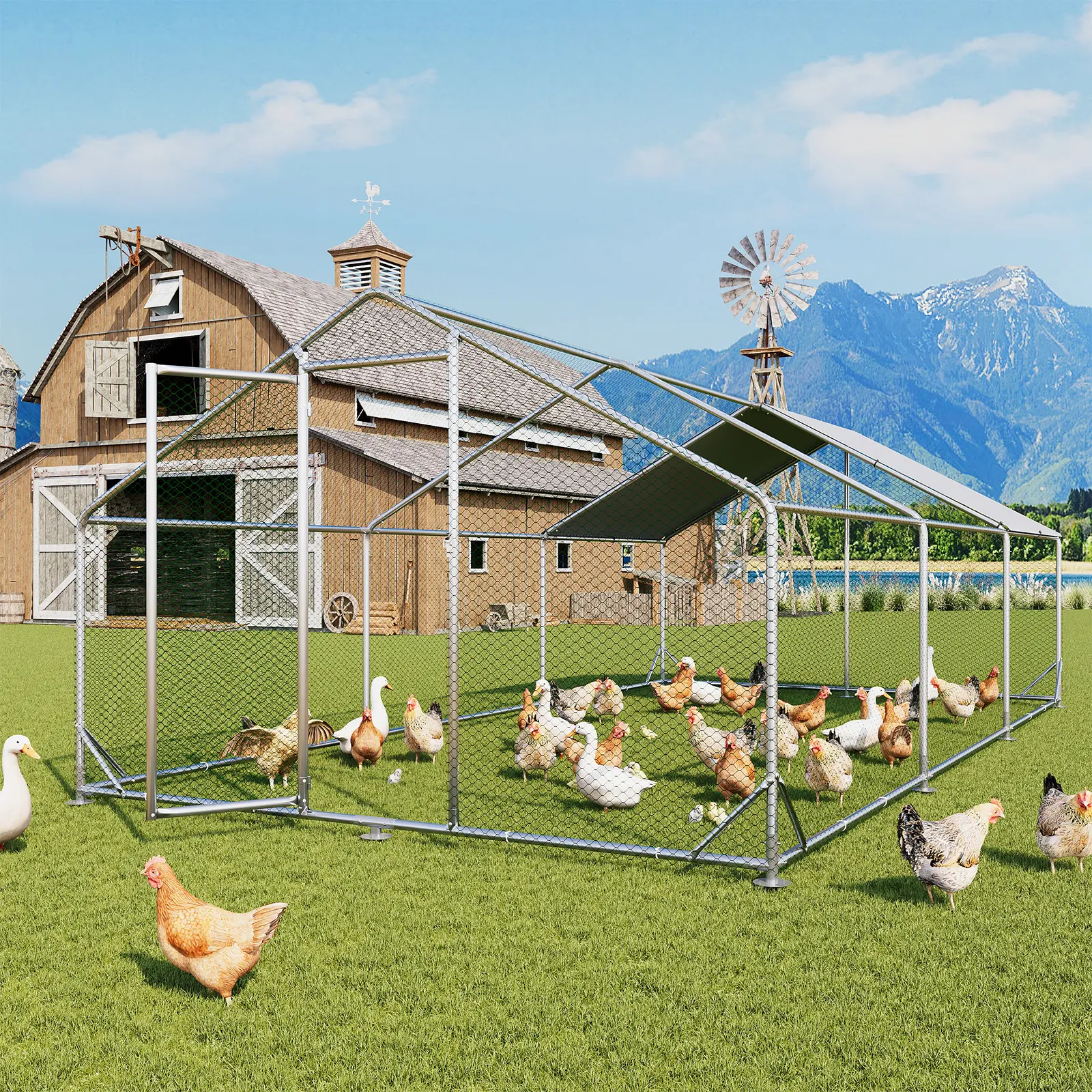 Aoxun Galvanized Steel Walk-In Chicken Coop - Coated Metal Outdoor Enclosure with 420D Oxford Fabric Cover, Spire Roof, Pocket, Lock Door, Hex Mesh, Water-Resistant, Predator-Safe, Easy-Maintenance Farm Cage for Chickens, Geese