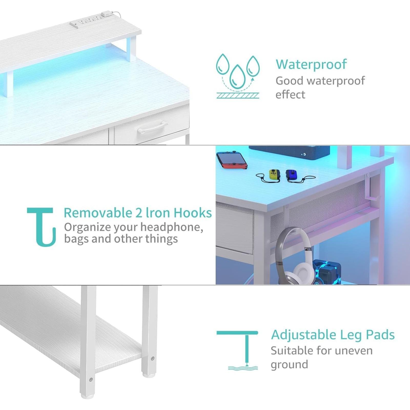 Lufeiya White Computer Desk with Fabric Drawers, 47 Inch Home Office Desk with Monitor Stand Shelves, Writing Study Gaming Desks with Led Lights and Power Outlets for Bedroom, White white computer desk