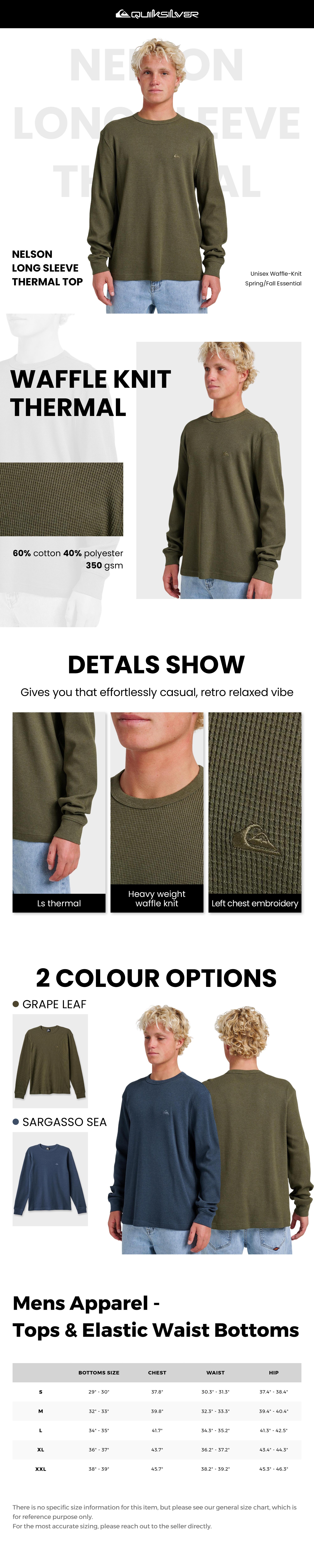 Quiksilver | Nelson Long Sleeve Thermal Top | Unisex Waffle-Knit | 350 GSM Cotton-Polyester Blend | Spring/Fall Essential Plain