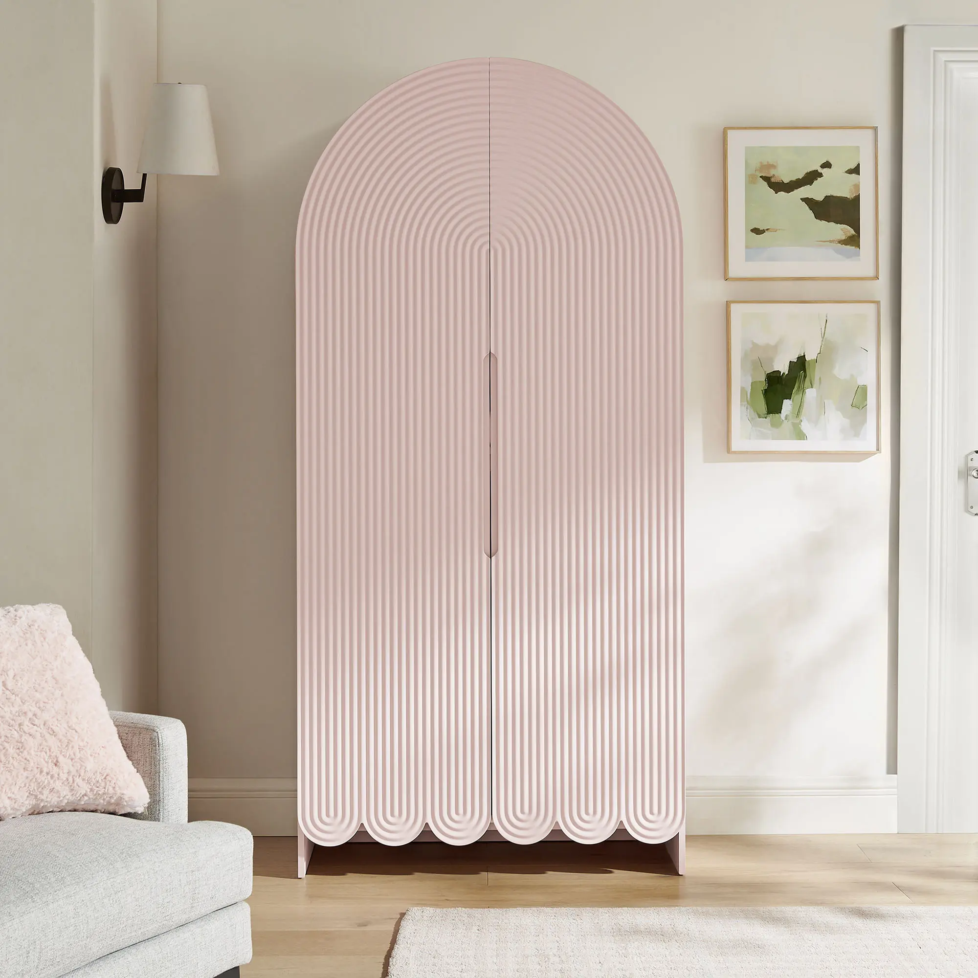 Dahlia 78 Inch Fluted and Scalloped Arched Storage Cabinet in Soft Pink
