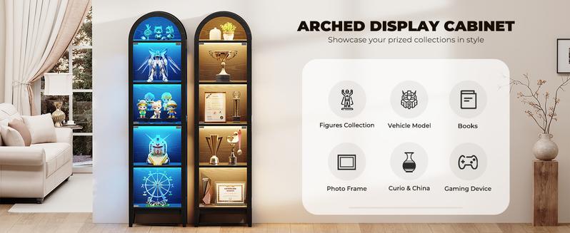 BROTTAR Arched Display Cabinet with Glass Doors, 71" Narrow Curio Cabinet with LED Lights for Collectibles Bookcase, 5-Tier Showcase Glass Display Case with Human Body Sensor for Living Room, Black