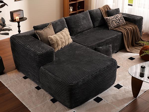 【2 Package Shipping】Ovios 106" Cloud Sectional Boneless Couch with Chaise & Ottoman, L/U-Shape Plush Corduroy Velvet Modern Modular Sofa with Deep Seat, Upholstered Couches for Living Room Bedroom, No Assembly Required