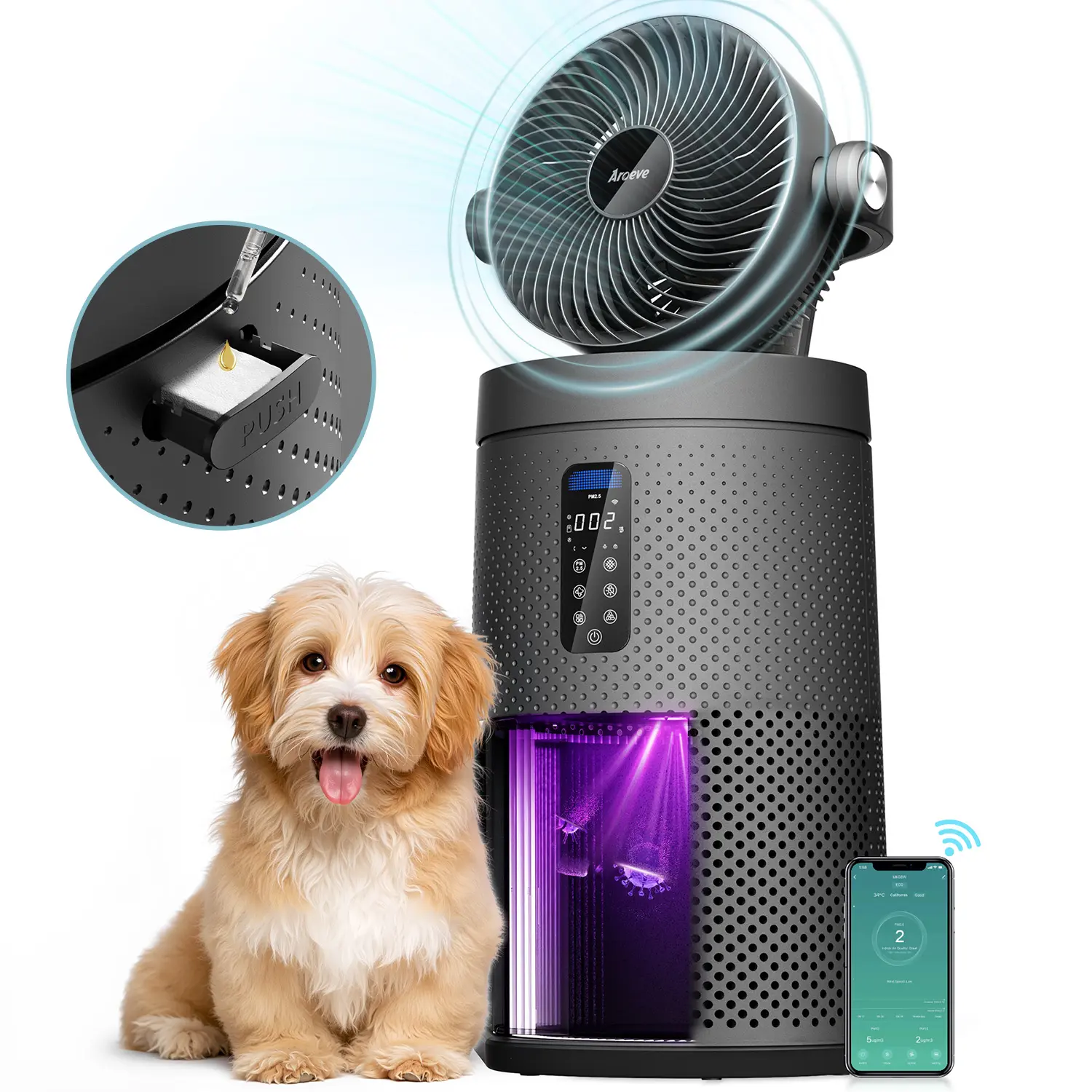 AROEVE MK08W Air Purifiers Fan, Coverage 1980 Sq.Ft, 2-In-1 Technology Device, Cooling Fan And Smart WIFI Air Cleaner For Whole Home, 28.8M³/Min