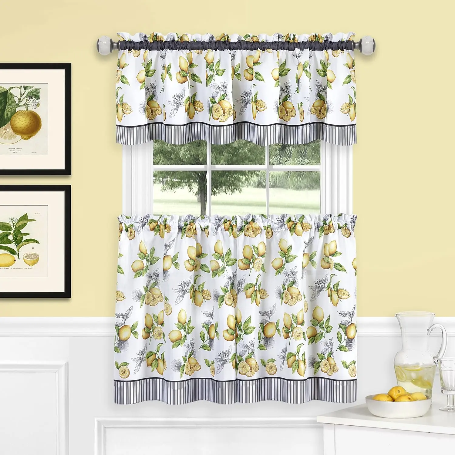Lemon Drop Yellow Light-Filtering Window Curtain Set - 24x58 in Printed Tier Valance, Machine-Wash Home Supplies for Kitchen, Bedroom, Kitchen Decor Ideas