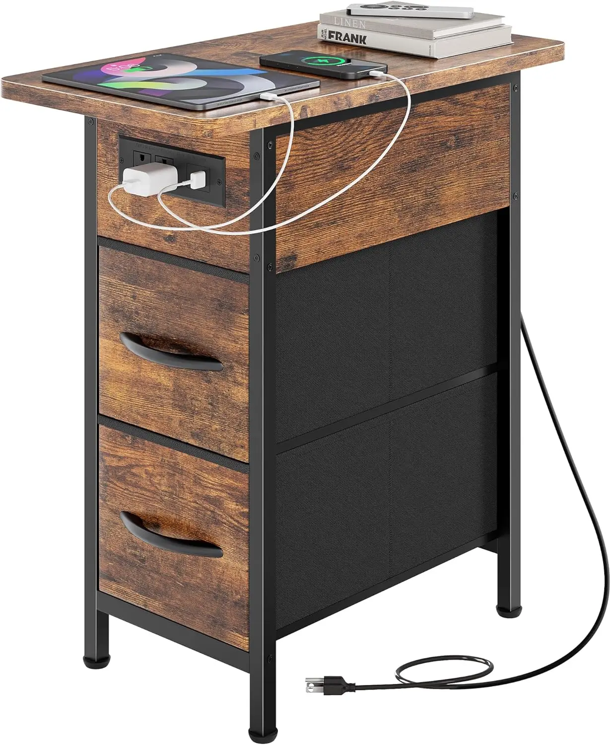Huuger Narrow End Table with Charging Station, Flip Top Side Table with 2 Fabric Drawers, Slim Night Stand with USB-C Port for Small Spaces, Nightstand Bedside Couch Table, Living Room