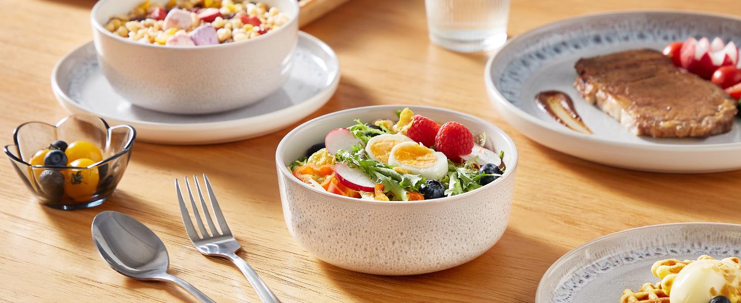 vancasso Stoneware Dinnerware Set – 16/18/24-Piece Plates and Bowls Set for 4/6, Reactive Glaze Mediterranean Style Crockery, Chip-Resistant, Dishwasher & Microwave Safe