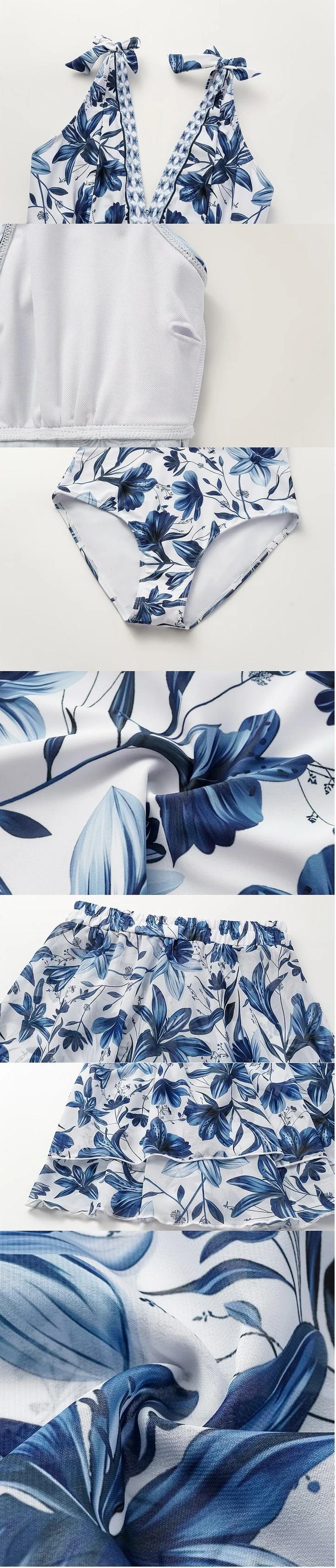 FLAXMAKER Women's V Neck Blue Print Tummy Control One Piece Swimsuit and Skirt Set Swimwear Swimdress Tankini Bathing Suit Stylish Beachwear #TikTokShopBlackFriday