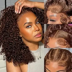 Wear and Go Glueless Wigs Human Hair Pre Plucked Pre Cut Chocolate Brown Lace Front Wigs for Black Women 180 Density Water Wave Bob Wig Human Hair Colored Curly Wig (Chocolate Brown Color, 14 Inch)