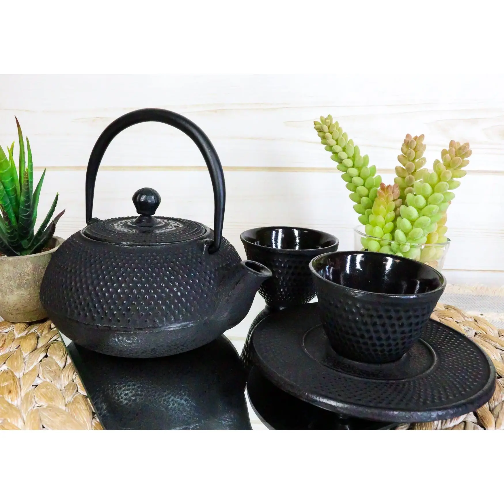 Japanese Imperial Dots Black Cast Iron Teapot Set - Includes Trivet, Tea Cups, Strainer - Serves 2