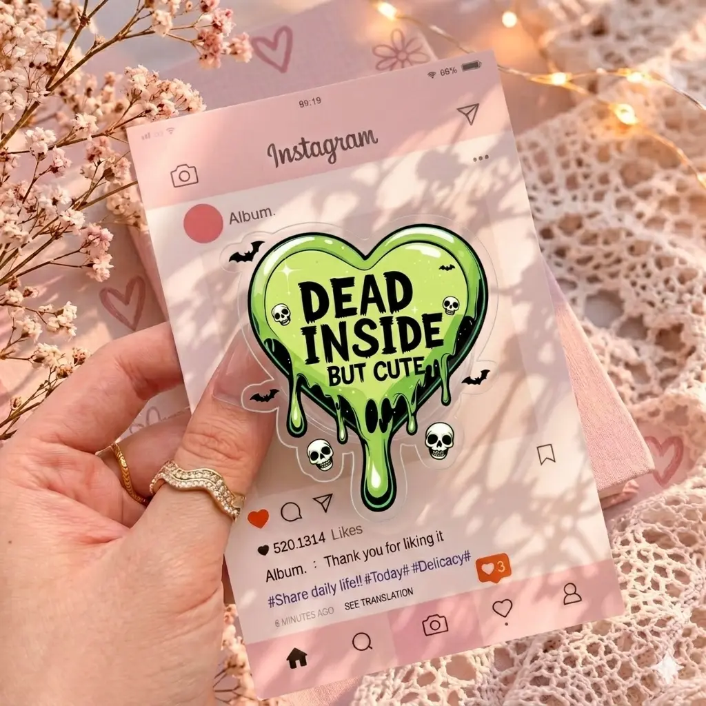 "Dead Inside But Cute" Heart Phone Grip – Spooky Aesthetic Pop Socket, Slime Drip & Skull Design, Collapsible Phone Stand for Case, Trendy Gothic Accessory for Women