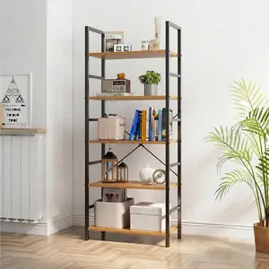 5 Tier Bookshelf 62 Inch Tall, Industrial Narrow Bookcase with Metal Frame, 30LBS Per Shelf Tall Book Shelf for Living Room Bedroom Office, Wood/Gray