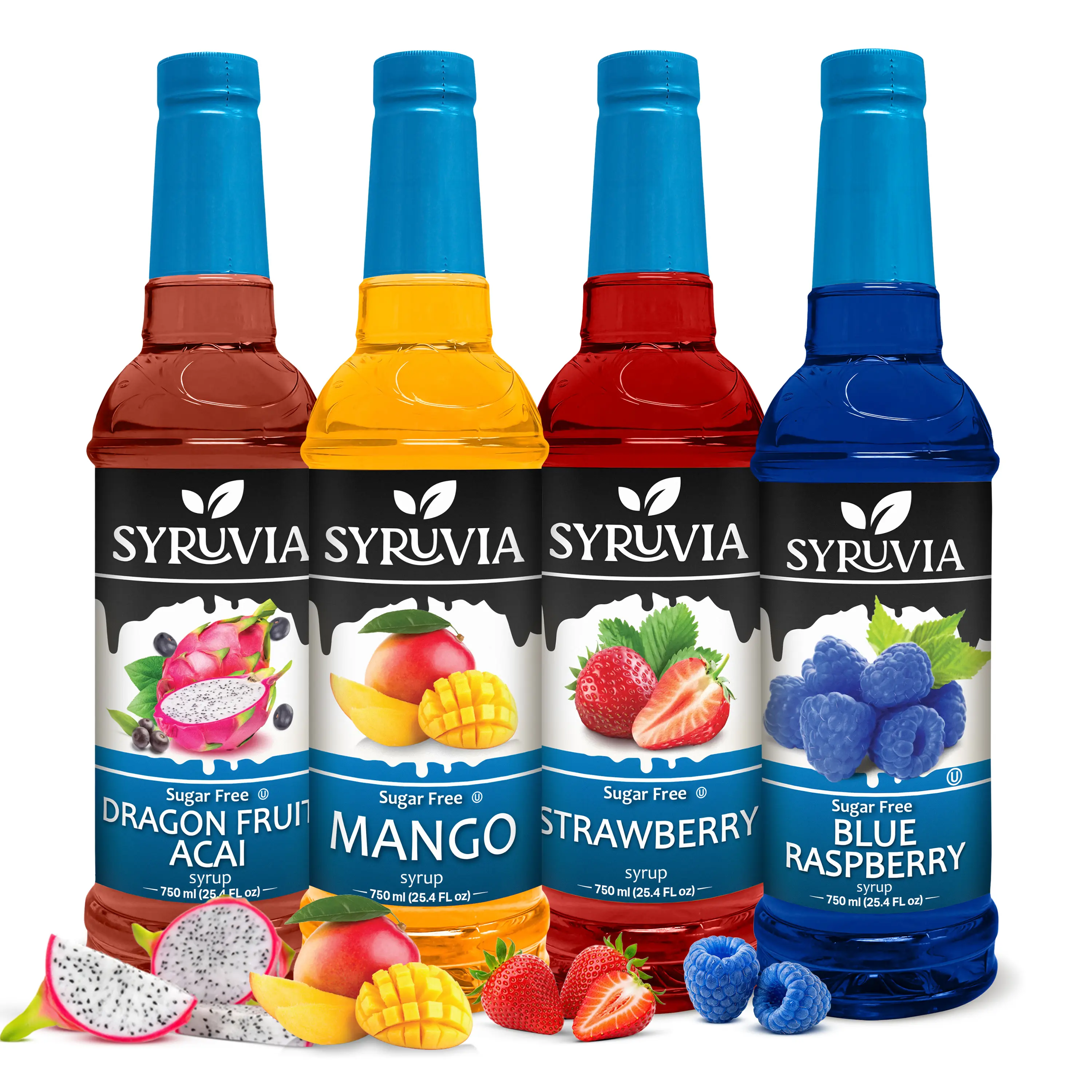 Syruvia Sugar Free Fruit Syrup Variety Pack – Dragon Fruit, Mango, Strawberry & Blue Raspberry – Gluten-Free, Kosher, 25.4 fl oz Bottles – Great for Sodas, Mocktails, Lemonades & Refreshing Beverages (4-Pack), Syrups & Concentrates, Zero Calorie Syrups &