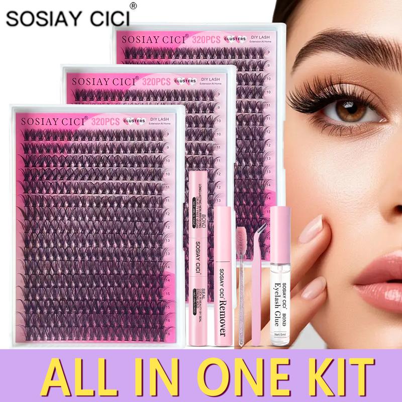 DlY Eyelash Extension Kit Summer Style 320 Pcs 40D Curl Clusters Individual False Eyelashes, Mixed 9-1ómm, with Lash Bond & Seal, Tweezers, Remover, Clear Glue, Eye Makeup Enhancement Products, DlY Lash Extensions at Home, New Year's Day Gift Cosmetic