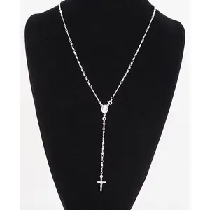 925 Sterling Silver Diamond Cut Italian 3mm Rosary Beads Chain with Cross Necklace 22" Rosario
