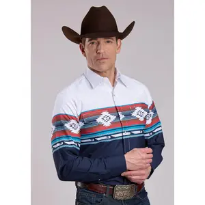 Mens Long Sleeve Snap Horizontal Aztec Ombre Border Print Western Shirt
