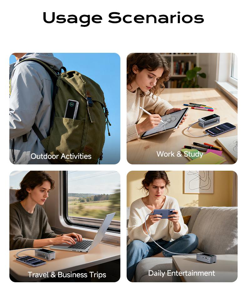 MAGIC JOHN Power Bank for Phones & Laptops, 15,000 mAh High-Capacity Portable Charger, USB-C Output, Built-in 2.3ft Retractable Cable, Airline-Approved, Compatible with iPhone 17/16 Series, MacBook, Samsung & More