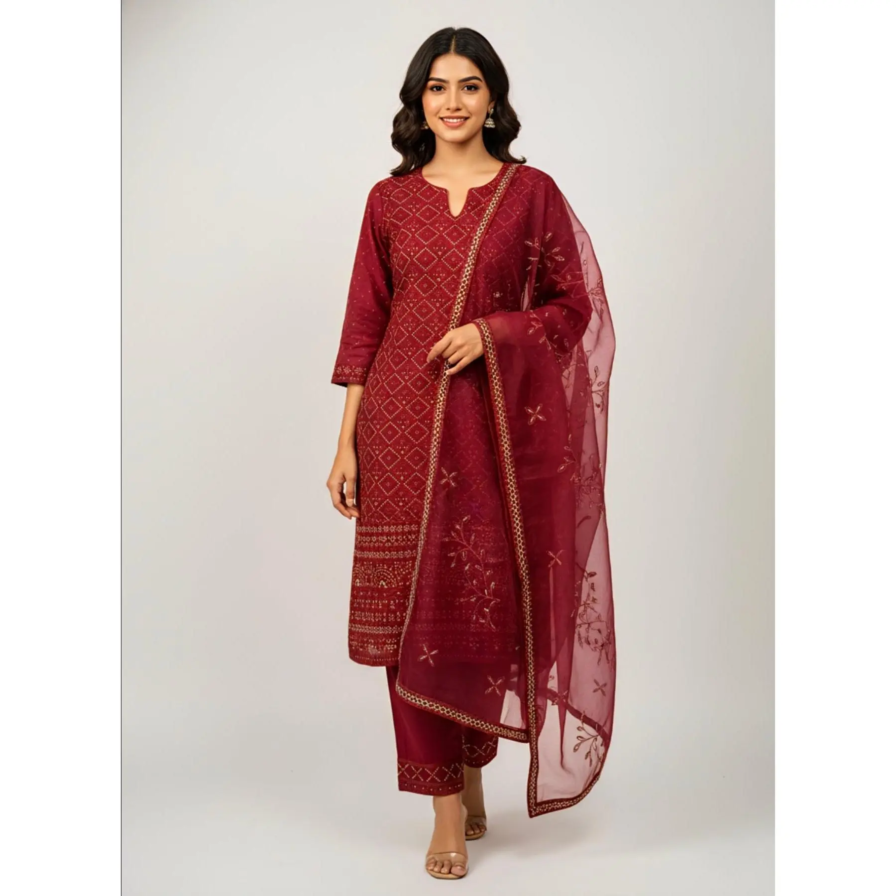 Elegant 3-Piece Red Traditional Suit for Eid Wedding & Party Wear