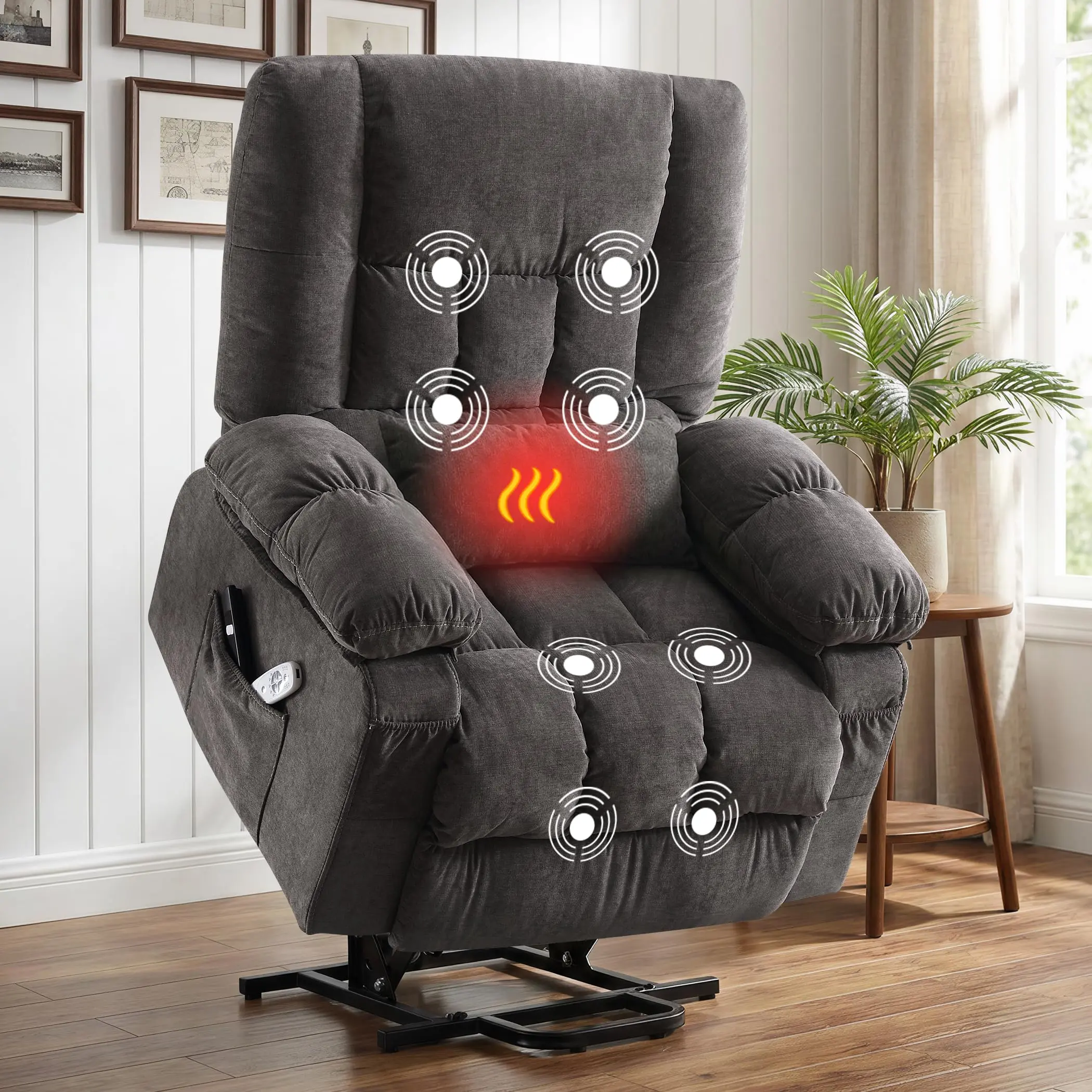 Jonpony Electric Power Lift Recliner Chair for Elderly - Massage & Heat, Padded Arms, Soft Fabric, Wide Back, USB Charging, Storage Side Pockets, Easy Setup, Suitable for Living Rooms, Bedrooms