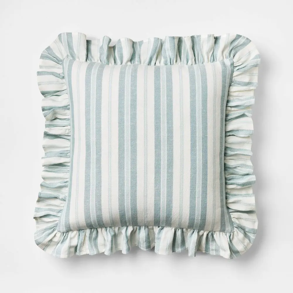 Square Woven Stripe Linen Throw Pillow with Ruffle - Threshold designed with Studio McGee, Couch Cushion, Soft Cushions for Blue Shades Room Decor