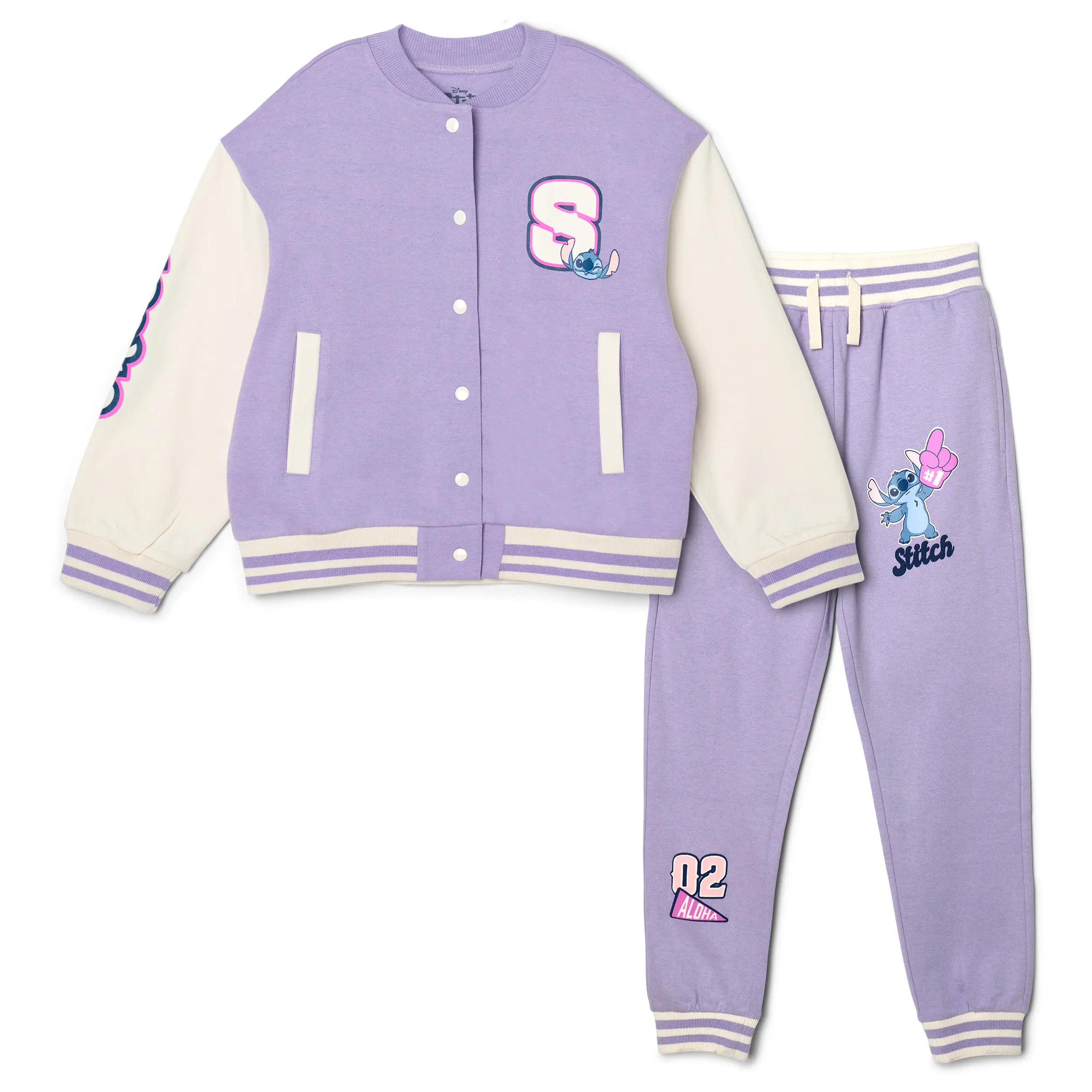 Disney Lilo & Stitch Girls' 2-Piece Casual Set - 260 gsm Fleece Bomber Jacket, Varsity Jacket-Style, Snap-Closure, Purple, Toddler to Big Kid (Incl. 4t Size), Graphic, Classic Bomber Jacket