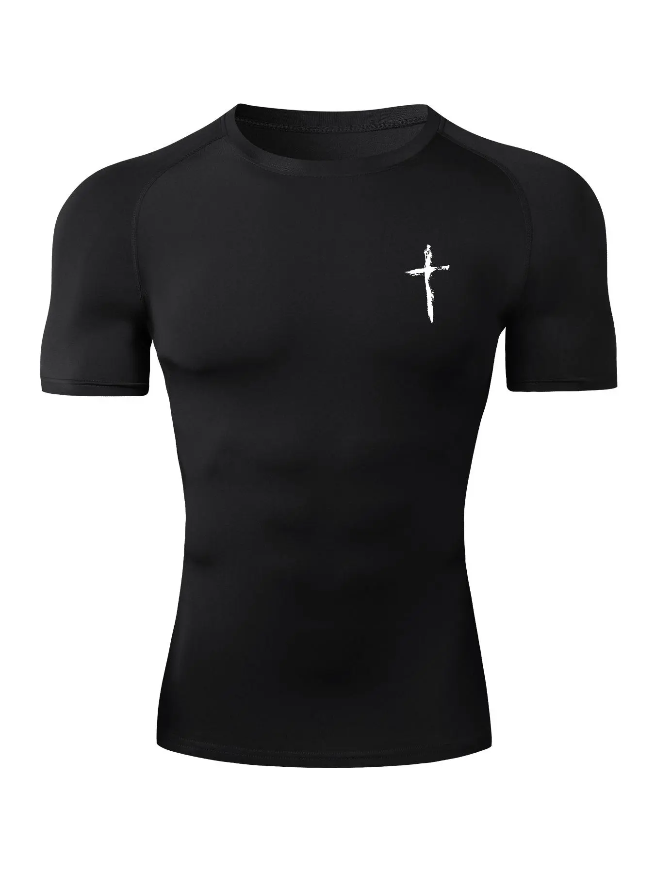 Men's Cross Print Round Neck Compression Tee, Sporty Quick Drying Breathable T-shirt, Gym Tees for Gym Workout Running, Men's Top for Summer, Fitness Running Tops, Athletic Compression Shirts, Athletic Activewear, Fitness Clothes Tops