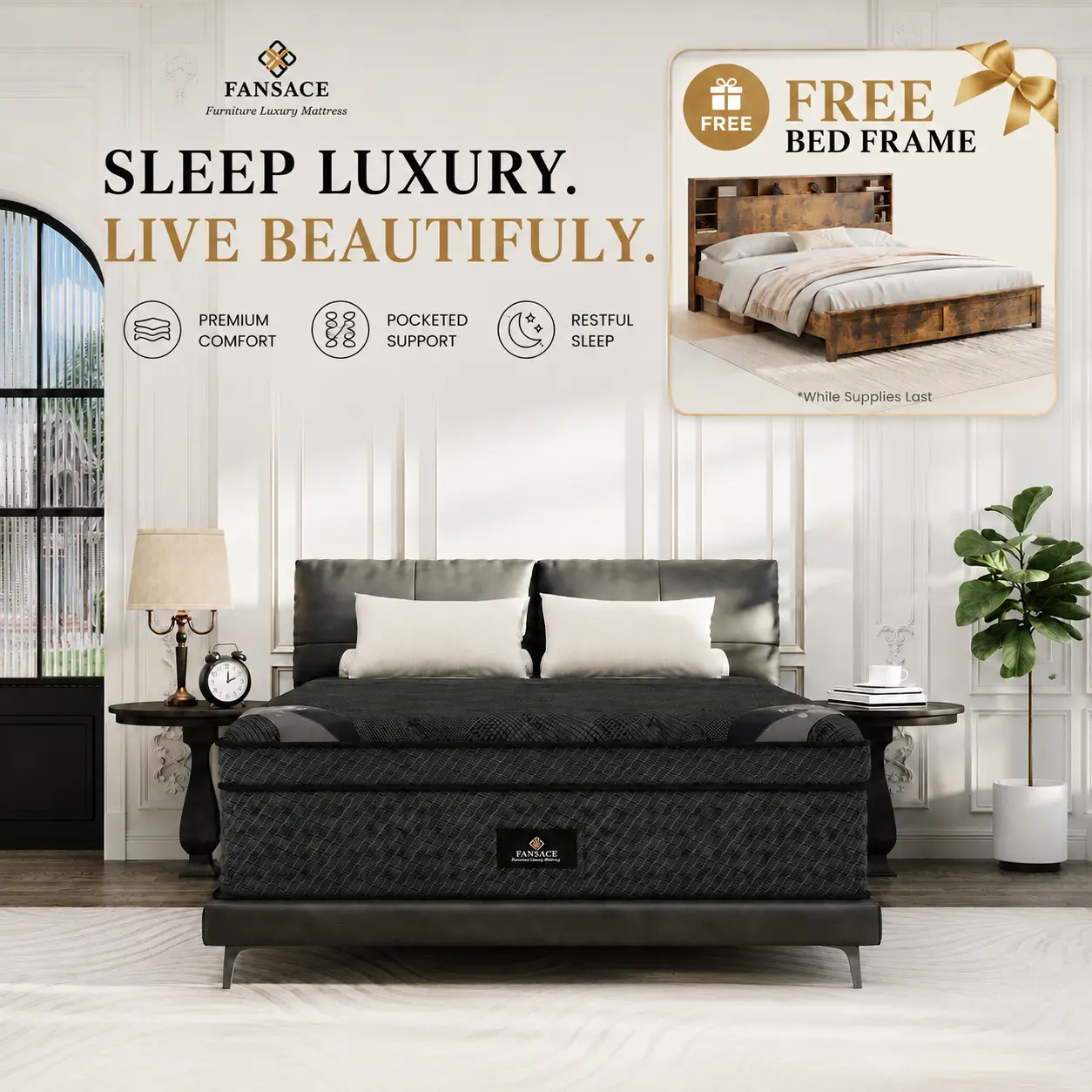 【Mattress+Bed Frame】FANSACE 12 Inch Queen/14 Inch King size Hybrid Mattress & Headboard Storage Wooden Bed Frame,Cooling Gel Memory Foam, Pocket Springs, Medium Firm, Motion Isolation, Edge Support, Fiberglass-Free, Mattress in a Box
