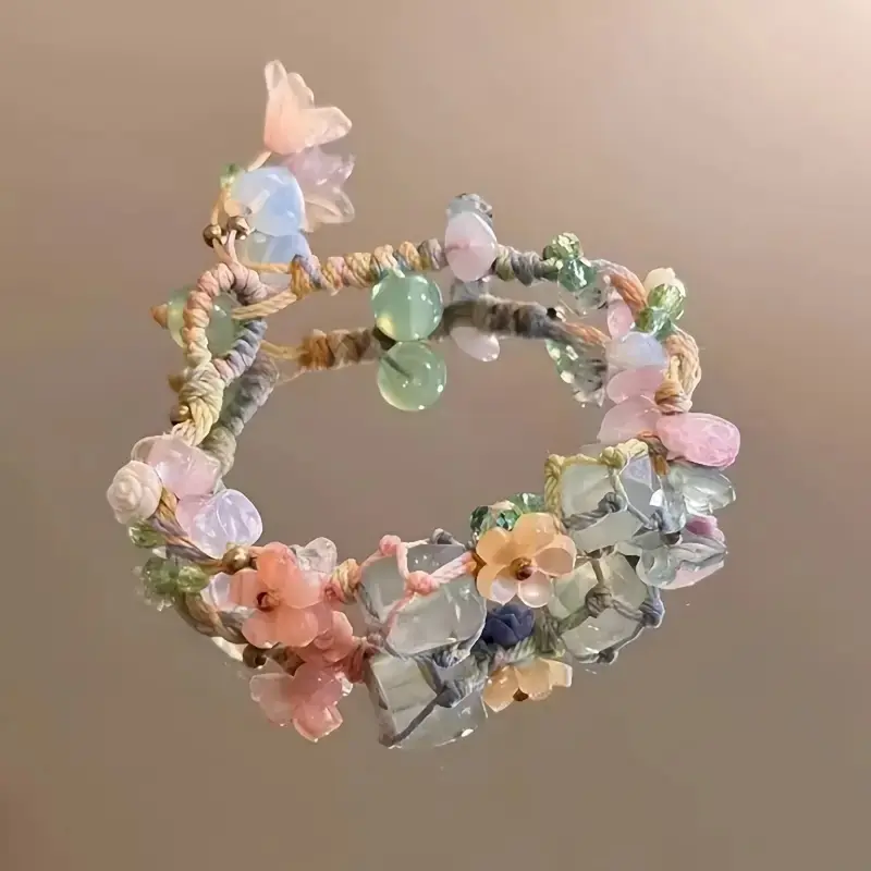 Handcrafted Friendship Bracelet for Girls & Youth, Bohemian Floral Rope Band with Crystal Stone Beads, Adjustable Fashionable Jewelry Gift, Fashionable Bracelet, Flower Design Bracelet