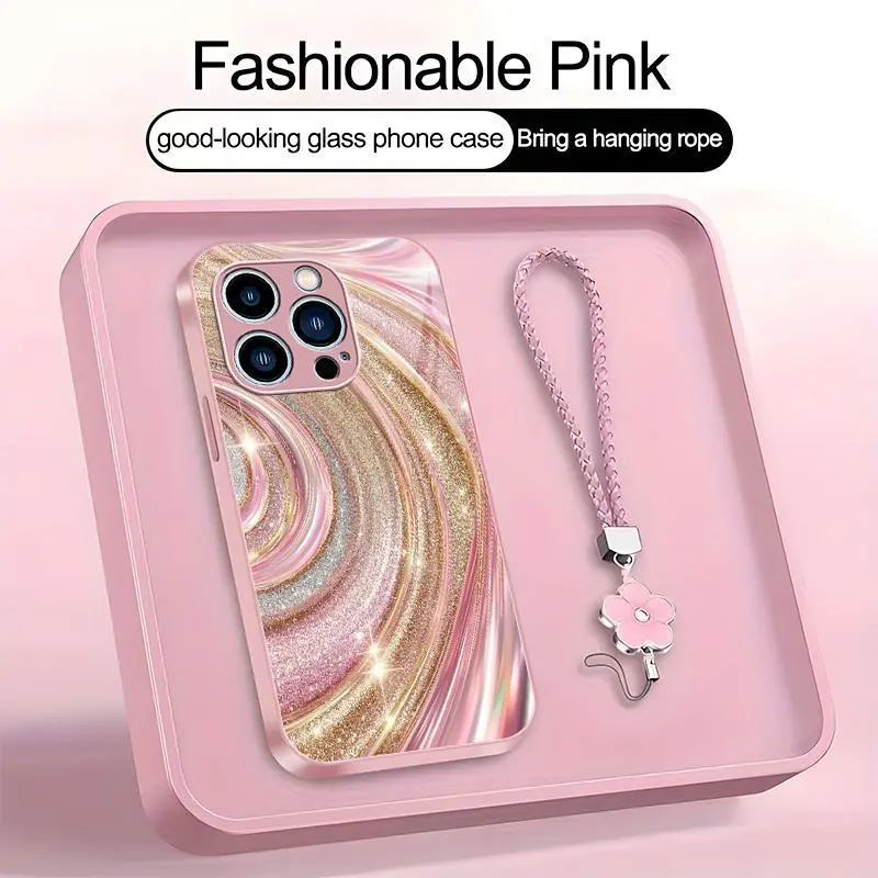 Luxury Rose Gold Swirl Phone Case with Flower Lanyard, Glitter Pink Art Aesthetic Cover for iPhone 13 Pro Max ---975