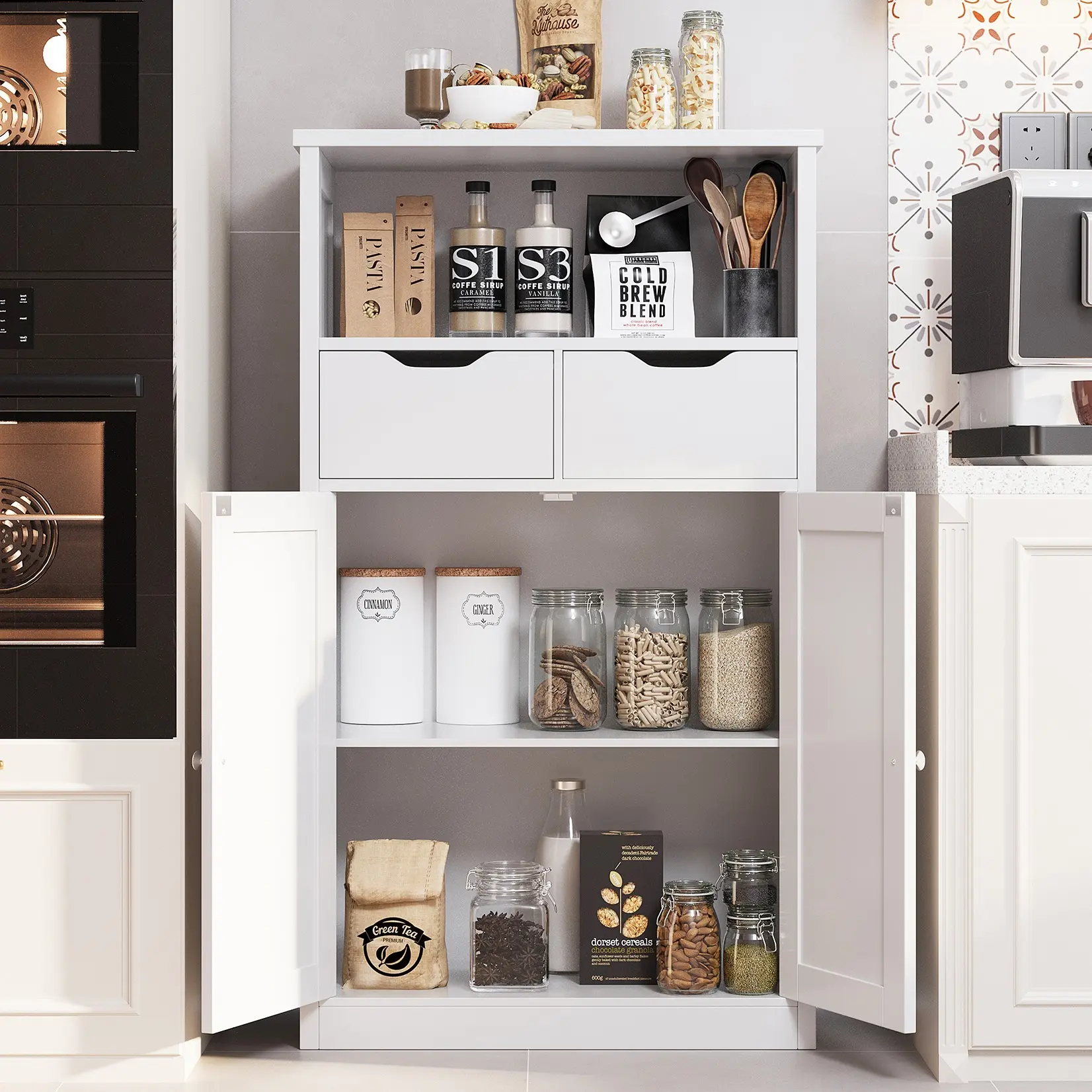 Walsunny Floor Storage Cabinet, Organizer with Doors and Drawers, Freestanding Kitchen Side Cupboard Pantry with Adjustable Shelf Hutch Cupboard for Kitchen/Laundry/Bathroom/Living room
