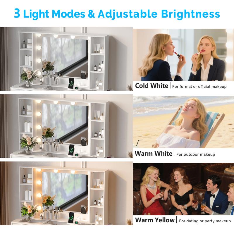 Ktaxon Vanity Table with RGB Lights & 3-Tone Dimmable Bulbs - Glass Top Dresser with 3 Drawers, 2 Glass Doors & 2 Side Shelves | Built-in Power Strip, Hair Dryer Holder