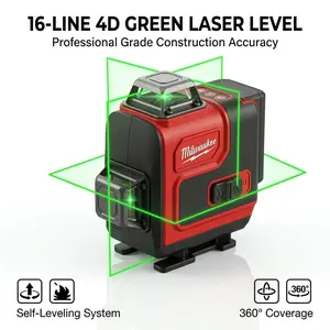 Milwaukee M12 Cordless 16-Line 4D Green Beam Laser Level for Wall and Floor Construction, 12V Lithium-Ion Self-Leveling System with ±0.3mm/10m Accuracy, Dual Power Modes, 24-Hour Max Runtime and Magnetic Micro-Control Base 360-Degree tripod Kit