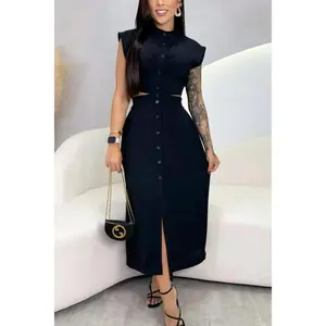 Women's Standing Collar Waist Stretchable Hollow Shirt Dress