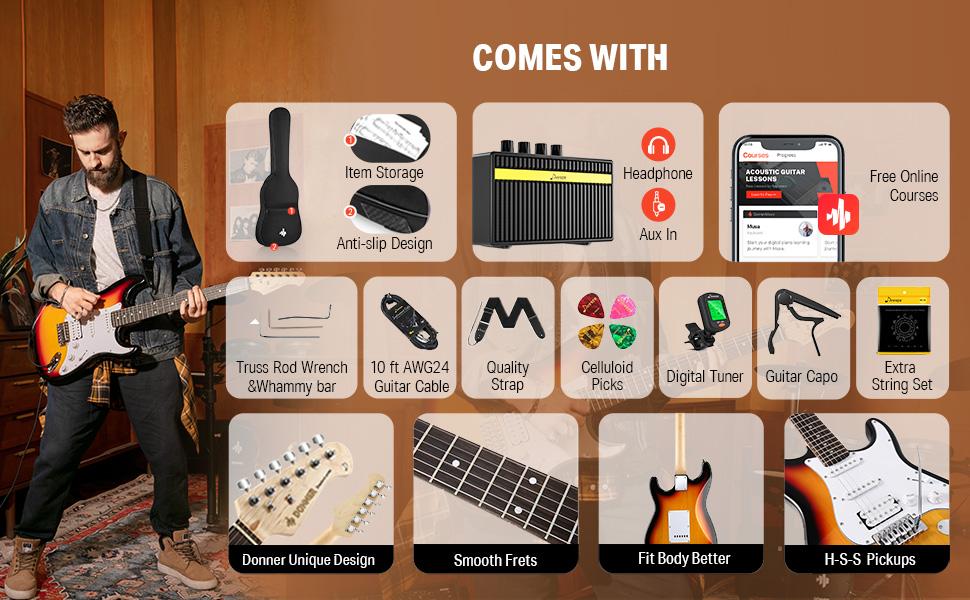 Donner DST-100 Full Size Electric Guitar Kit with Amplifier 39-Inch Solid Body HSS Pickup Beginner Set