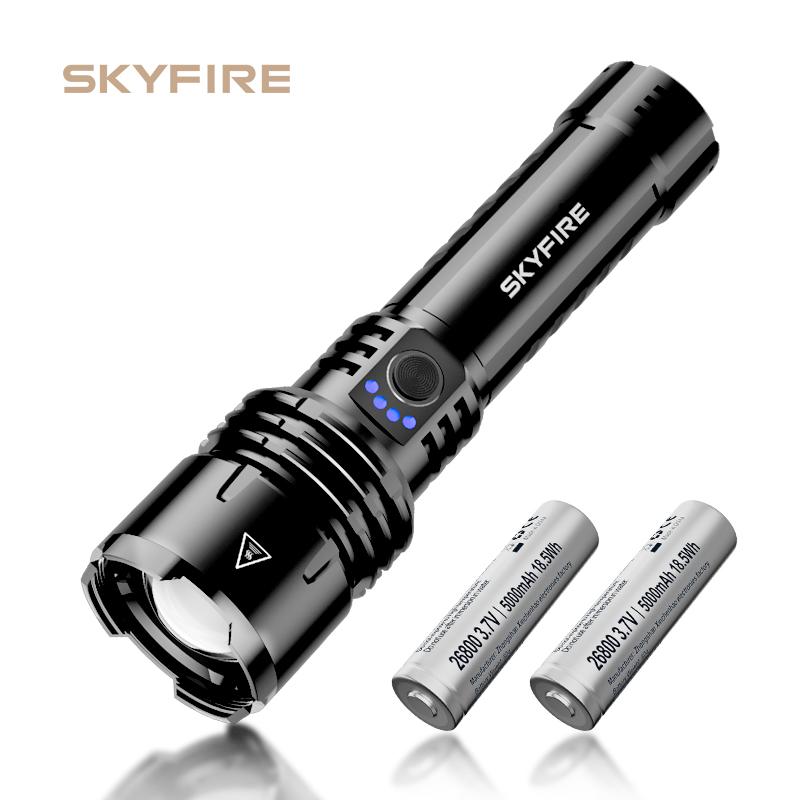 SKYFIRE 1376 LED Flashlight — high-lumen brightness, ultra-bright and rechargeable, featuring adjustable zoom and five lighting modes. A must-have for camping, perfect for both outdoor and home use