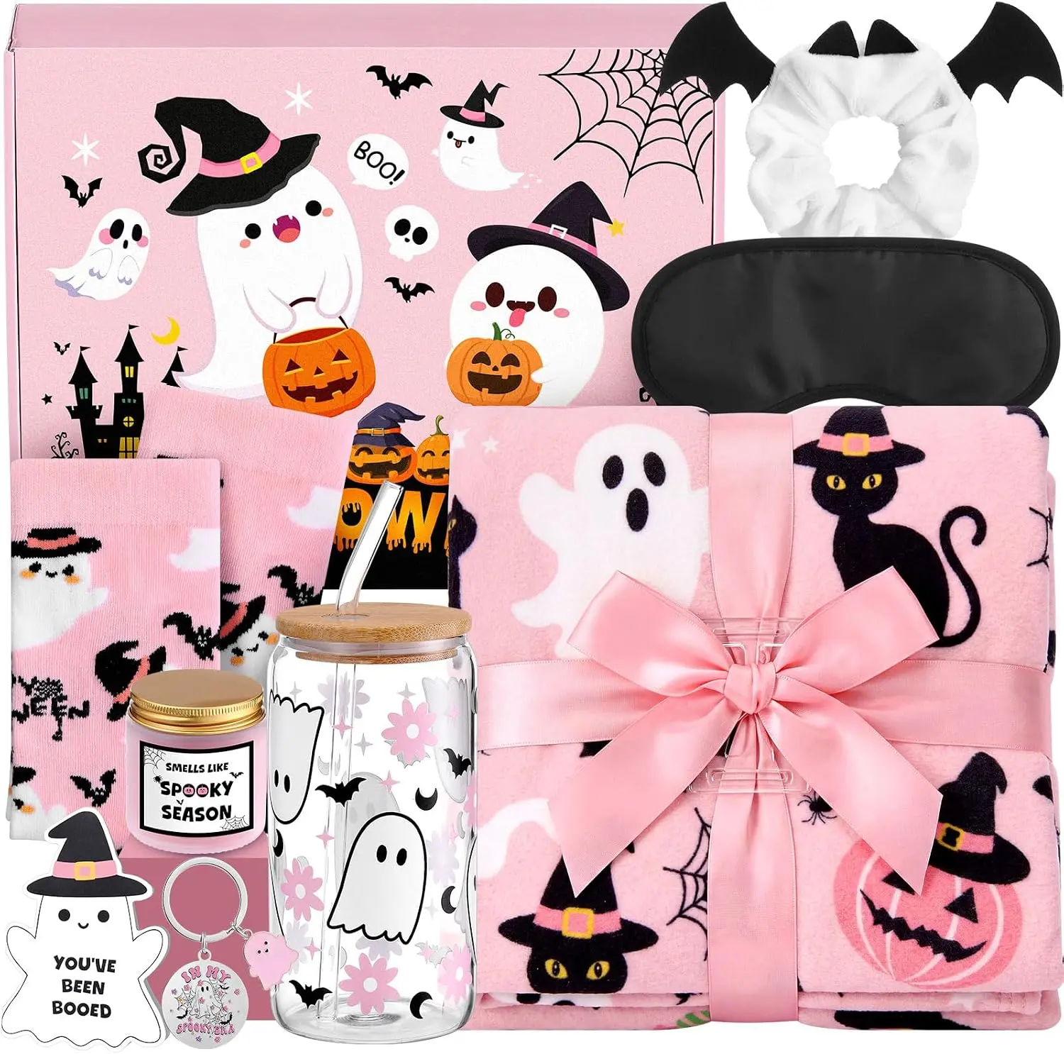 Pre-Packed Halloween Boo Basket for Women, Cozy Spooky Gift Box with Blanket, Cup, Socks & Cute Gifts for Teacher, Friend, Coworker