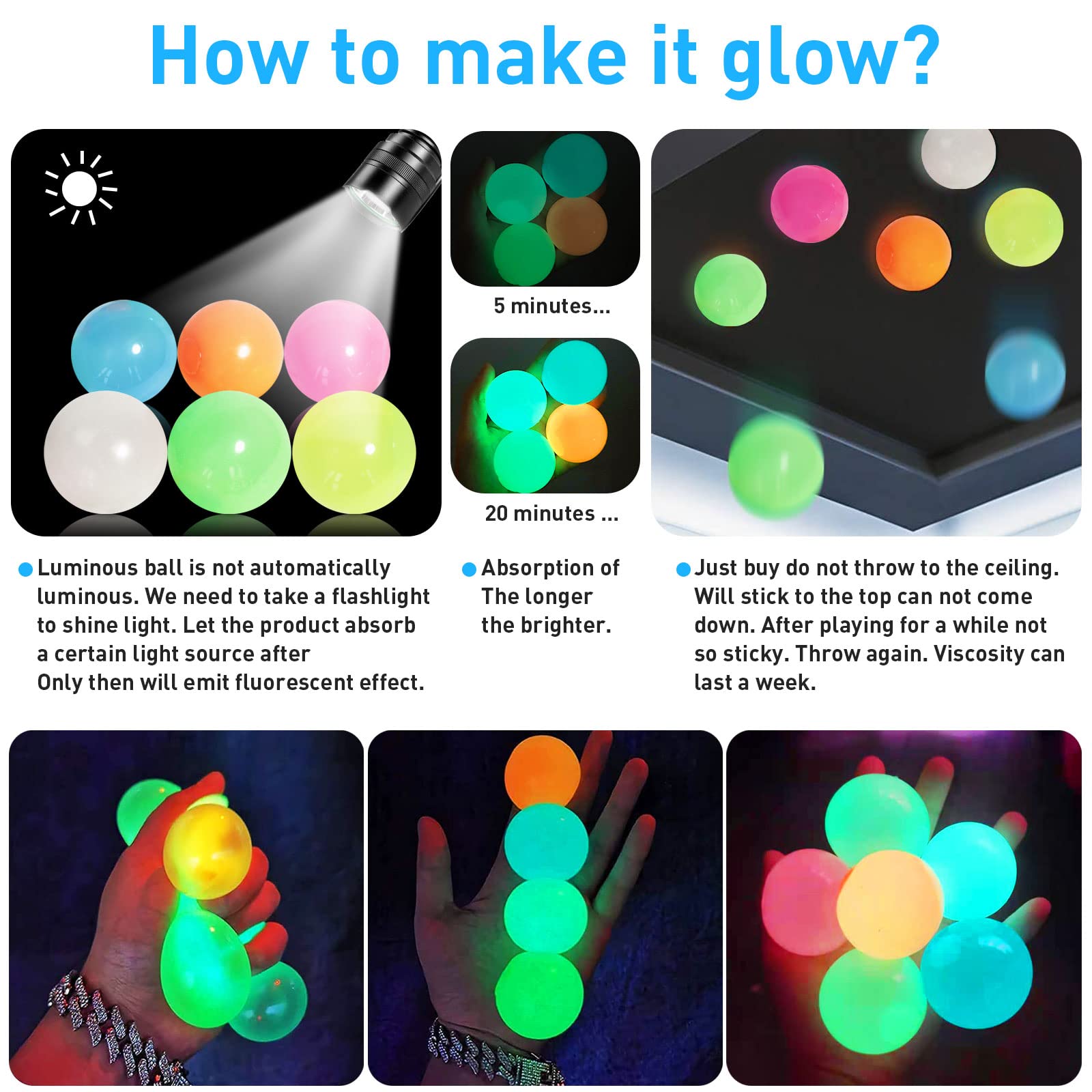 6 Pcs Glow In The Dark Party Ball, Stress Relief Round Self-adhesive Luminous Decoration Ball, Decoration Supplies for Party