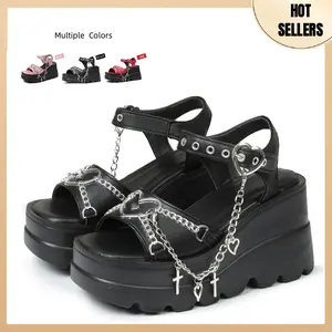 Summer Platform Sandals For Women Sweet Gothic Punk Heart Chain Buckle Comfort Square Toe High Slop Heel Wedge Sandals Black Flatform