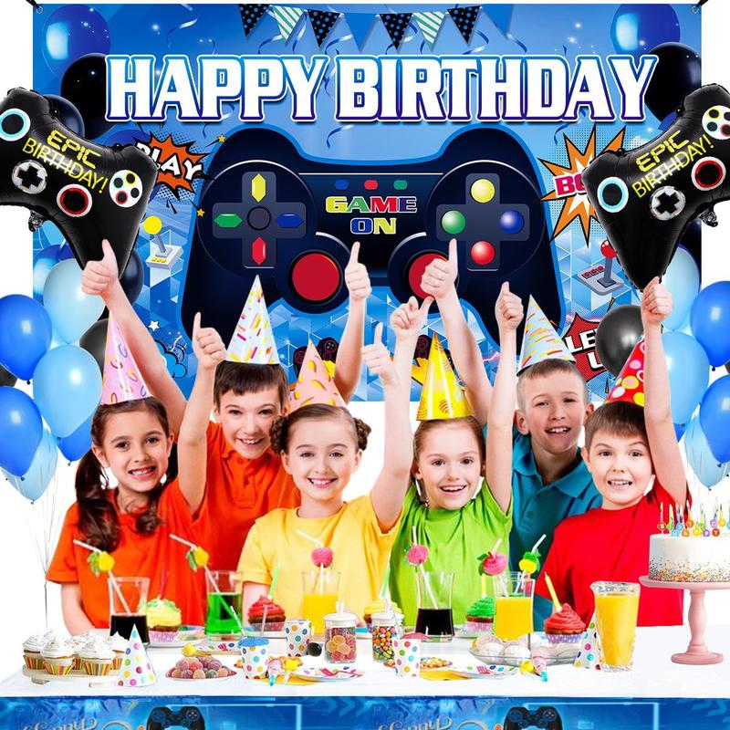 Video Game Birthday Decorations Set with Happy Birthday Backdrop Gaming Table Covers Blue Black Balloons Gamer Party Supplies for Boys