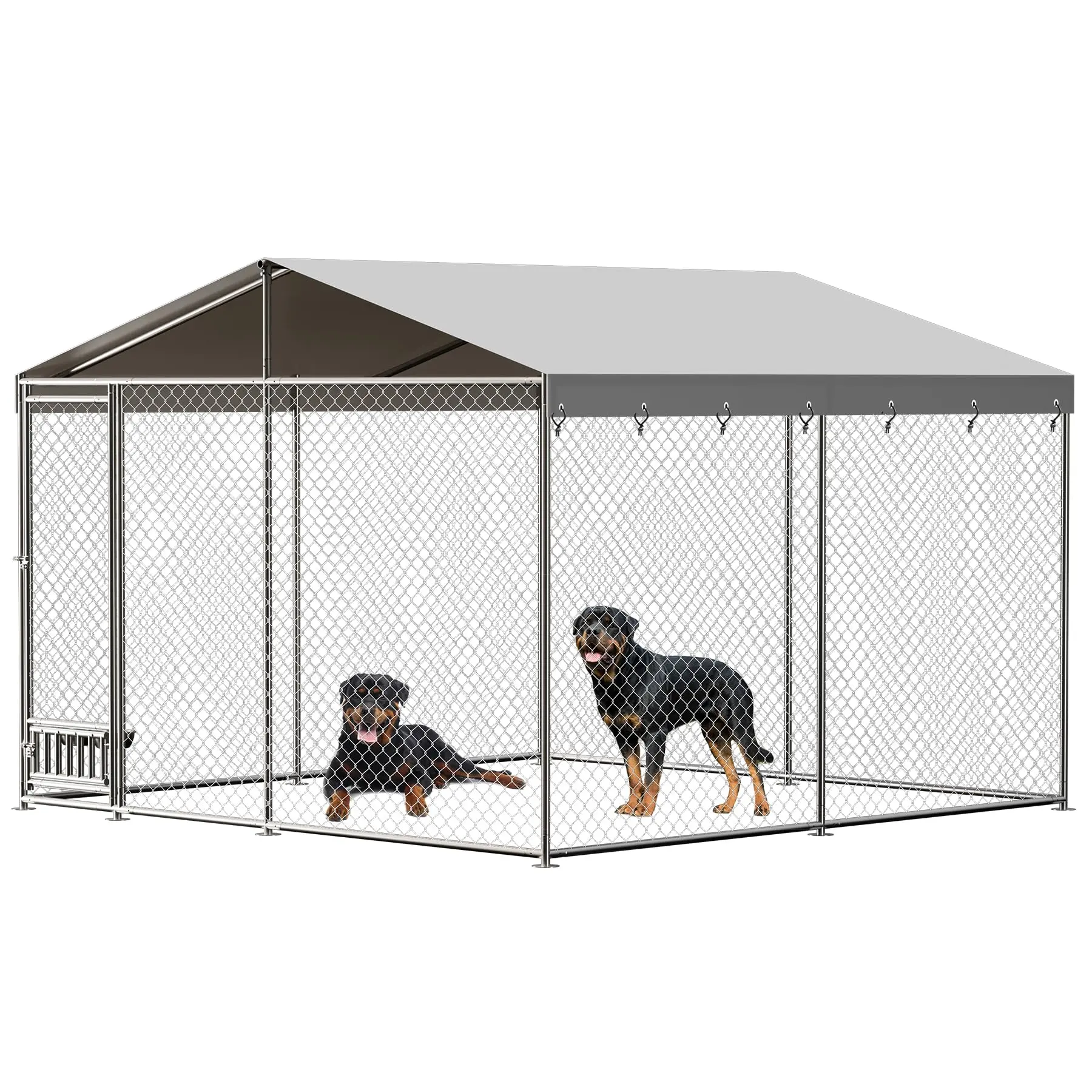 Heavy Duty Dog Kennel Outside with Waterproof UV-Resistant Cover, Security Lock, Dog Runs Pet Playpen Fence with Rotating Feeder Bowls