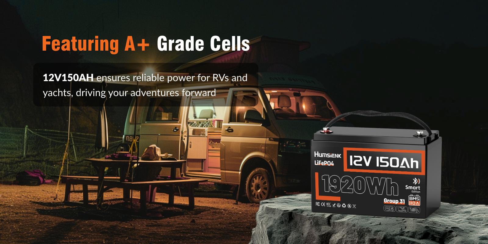 HumsiENK 12V 150Ah LiFePO4 Battery, Group 31, 15000+ Deep Cycles, Lithium Iron Phosphate Battery, Built-in 110A BMS, Portable Power Station for Home Backup Power, RV, Marine, Trolling Motors