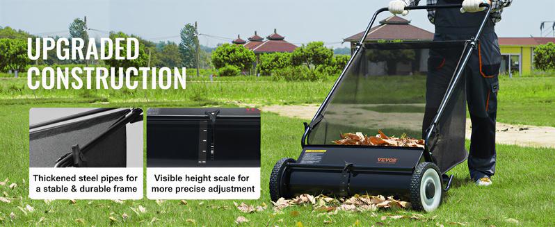 VEVOR Push Lawn Sweeper,26 Inch  Leaf Grass Collector, Strong Rubber Wheels Heavy Duty Thickened Steel Durable to Use with Large Capacity 7 ft Mesh Collection Bag, 4 Spinning Brushes