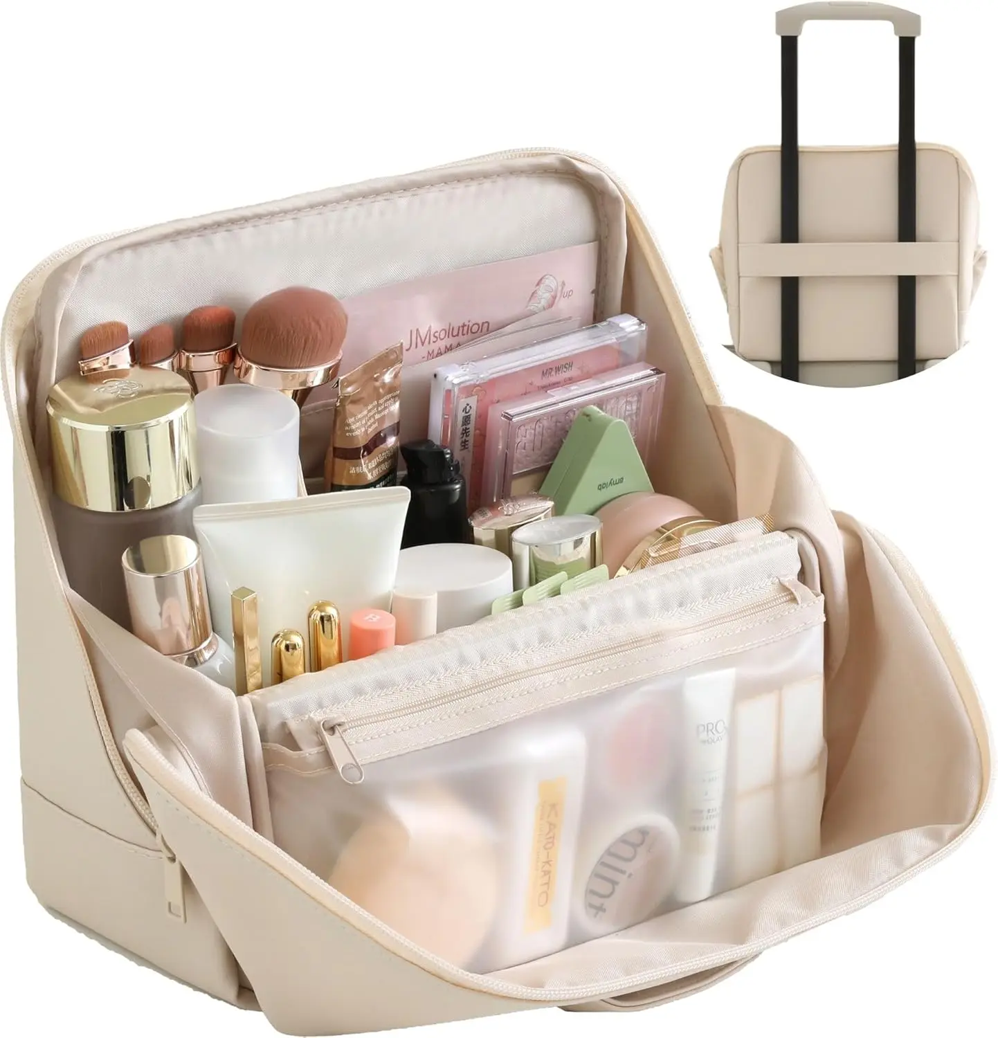 Clean Girl Travel Makeup Bag with Luggage Strap, Minimalist Vanity Organizer Case, Waterproof Leather Cosmetic and Toiletry Organizer