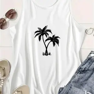 Palm Tree Summer Tank Top Rayon Polyester Spandex Blend, Women's Tropical Vacation Graphic Tank Top, Casual Beach Top