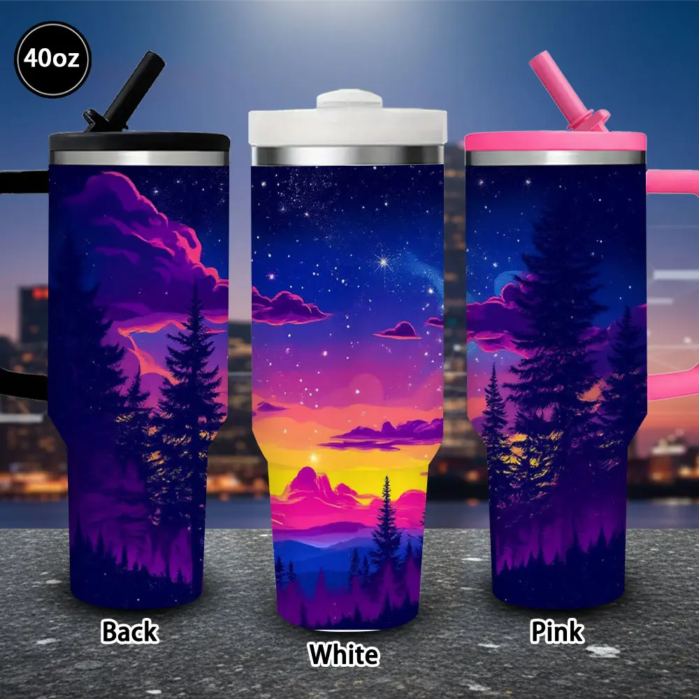 1 pc 40 oz Starry Twilight Mountain Tumbler with lid and straw, winter insulated travel mug, gift for women and men, ideal for Valentine’s Day, Easter, birthday gifts, iced/hot coffee cup