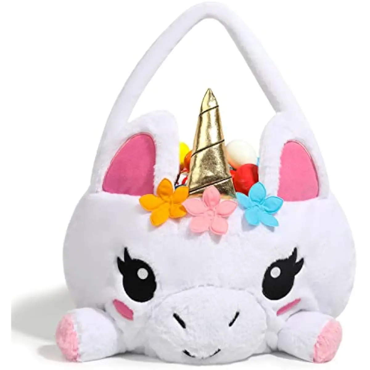 Easter Large Unicorn Basket 16.9" x 10.6", Easter Plush 3D Empty Basket Soft Candy Tote Bag for Baby Girls Boys Spring Egg Hunting, Party Gifts Supplies, Party Favor Storage Container