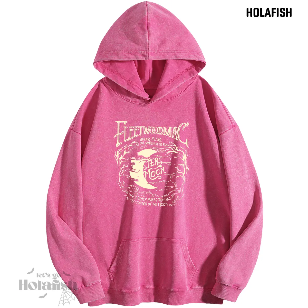 Holafish Women's Retro Moon Graphic Hoodies - Vintage Acid-Wash Cotton-Blend Loose Comfortable Long-Sleeve Sweatshirts, Oversized Hooded Pullover Streetwear for Layering, Biker Style, Thanksgiving
