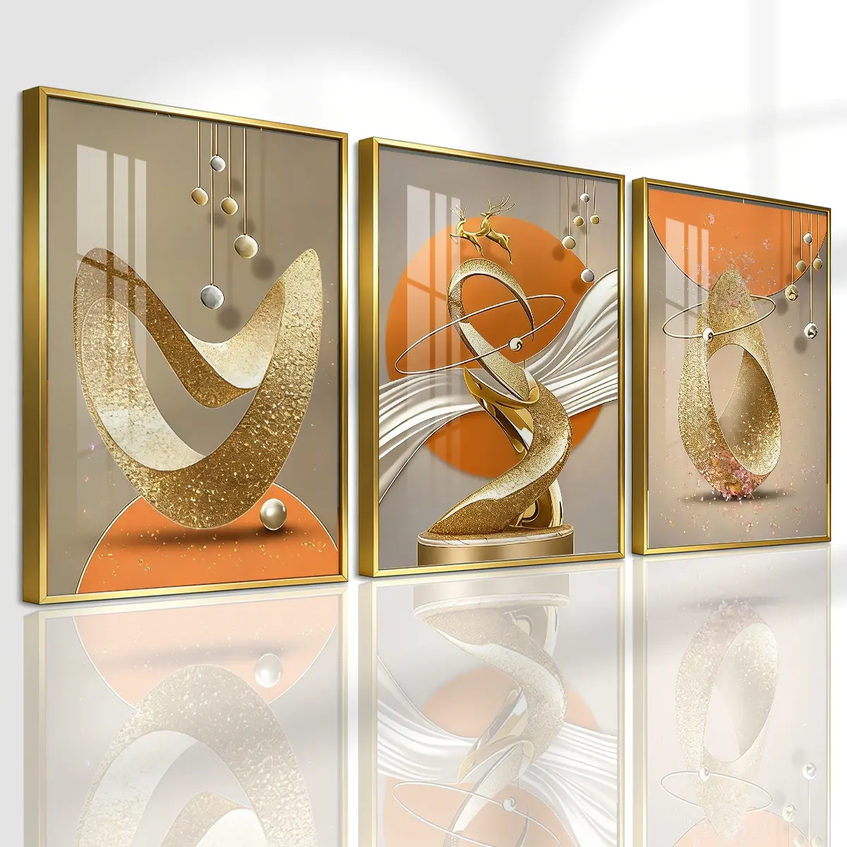 3 Counts Aluminum Alloy Framed Painting, Modern Abstract Design Golden Sculptural Art Pictures, Home Decoration For Living Room, Bedroom, Office, Restaurant, Hallway Wall Decor, Odorless Print Artwork, Luxury Perfect Gift For Friends And Family