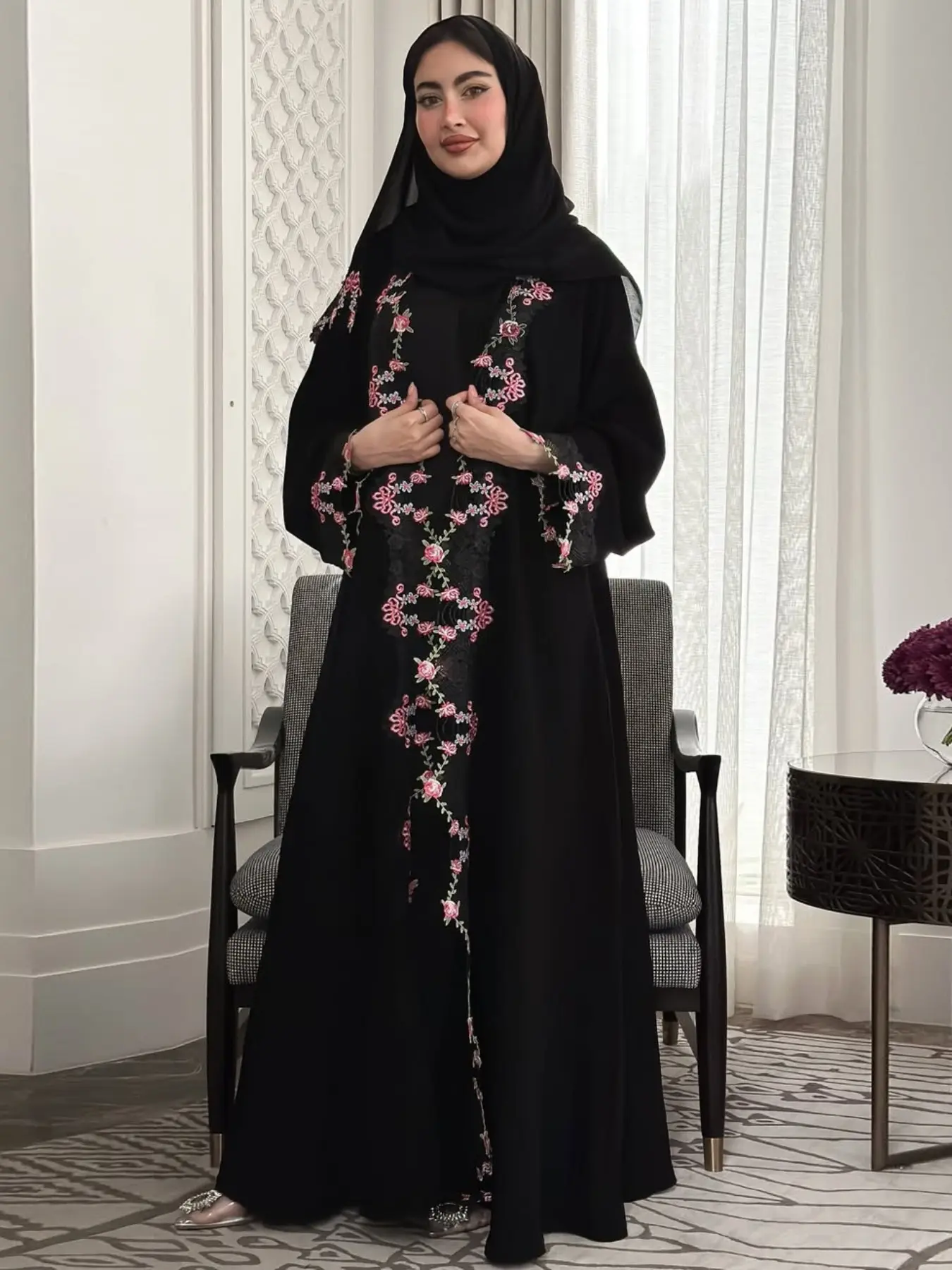 New Muslim Women's Heavy Embroidery Floral Open Front Abaya, Islamic Abaya Dress, Embellished Open Abaya, Loose Fit Long Robe, Daily/ramadan Wear, Stylish and Comfortable