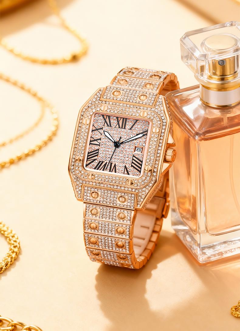 Luxury Rhinestone Embellished Square-Dial Quartz Watch with Gift Box Included Fashion Timeless Classic Watch Black Friday Flash Sale diamond men